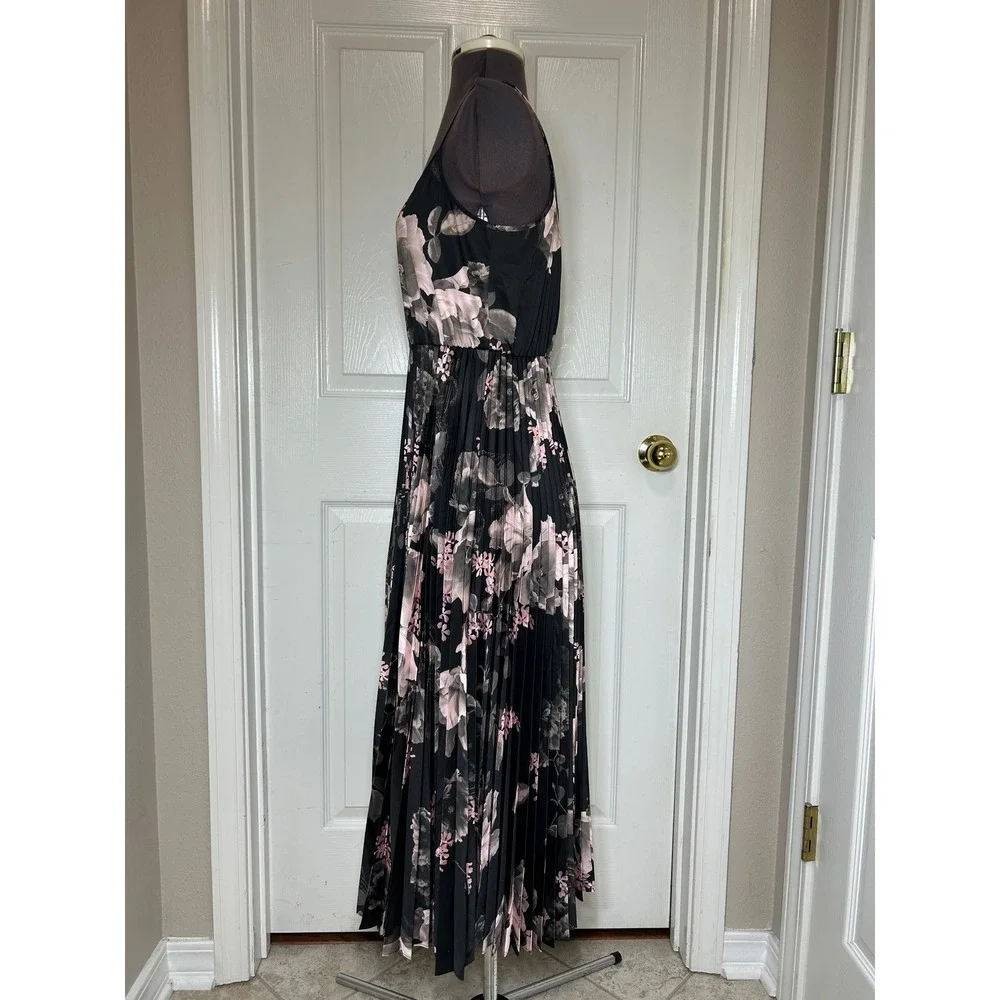 AllSaints Leowa Gia Black Pink Floral Pleated Midi Romantic Moody Slip Dress M - Picture 4 of 12